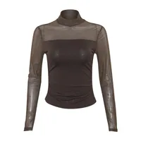 C116TP Europe And The United States  New Solid Color Round Neck Mesh Stitching Perspective Long Sleeve Half High Collar Sexy Women's Top main image 5