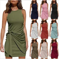 New    Hot Sleeveless Crewneck Pleated Bow Belt Irregular Dress main image 1