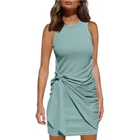 New    Hot Sleeveless Crewneck Pleated Bow Belt Irregular Dress main image 2