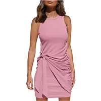 New    Hot Sleeveless Crewneck Pleated Bow Belt Irregular Dress main image 3