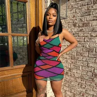 W081DS    Spring And Summer New Sleeveless Pullover Rhombus Color Sling Backless Slim Fit Dress main image 1