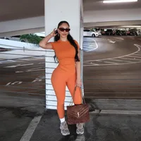 A600ST   Summer New Solid Color Round Neck Short-sleeved T-shirt Top Slim-fit High Waist Trousers Women's Suit main image 1
