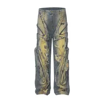 Jiayi Library Men's  New High Street American Style Heavy Industry Shaped Jeans Men's Waste Soil Wind Washed Workwear Trousers main image 1