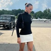 A659DS Europe And The United States   Autumn New Solid Color High Collar Sexy Slim Color Matching Short Women's Dress main image 2