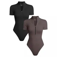 Women's Jumpsuit Sexy Rib One-piece Short Sleeve Front Zipper Triangle Jumpsuit main image 4