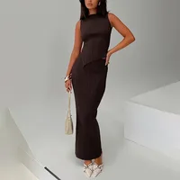W225ST   Summer New Solid Color Round Neck Unrepaired Irregular Top High Waist Long Dress Slim Fit Suit main image 1