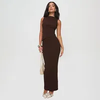 W225ST   Summer New Solid Color Round Neck Unrepaired Irregular Top High Waist Long Dress Slim Fit Suit main image 3