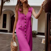 In Stock  V-neck Single-breasted Nail Buckle Dress Pocket Design Plus Size Multi-color Casual Midi Dress main image 2