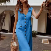 In Stock  V-neck Single-breasted Nail Buckle Dress Pocket Design Plus Size Multi-color Casual Midi Dress main image 3