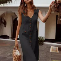 In Stock  V-neck Single-breasted Nail Buckle Dress Pocket Design Plus Size Multi-color Casual Midi Dress main image 4