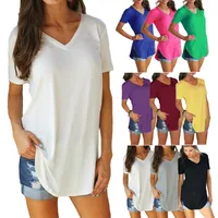 Source Europe And The United States Summer Women's V-neck Short Sleeve Loose T-shirt Hem Arc Plus Size Solid Color Top Women main image 1