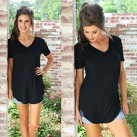 Source Europe And The United States Summer Women's V-neck Short Sleeve Loose T-shirt Hem Arc Plus Size Solid Color Top Women main image 3