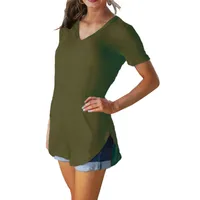 Source Europe And The United States Summer Women's V-neck Short Sleeve Loose T-shirt Hem Arc Plus Size Solid Color Top Women main image 4