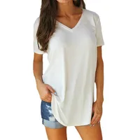 Source Europe And The United States Summer Women's V-neck Short Sleeve Loose T-shirt Hem Arc Plus Size Solid Color Top Women main image 5