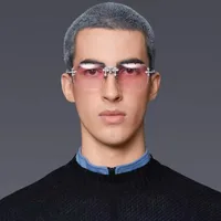 New  Retro Frameless Sunglasses Men's Diamond Cut Edge Imitation Wood Pattern Sunglasses Legs Men's  Wholesale main image 1