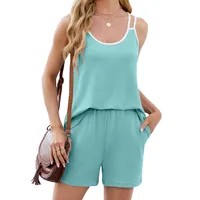 Europe And The United States  Foreign Trade  Spring And Summer New Color Contrast Round Neck Suspender Pocket Shorts Casual Suit Women main image 2