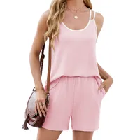 Europe And The United States  Foreign Trade  Spring And Summer New Color Contrast Round Neck Suspender Pocket Shorts Casual Suit Women main image 4