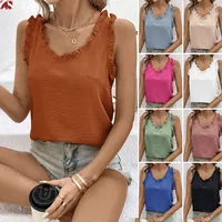 Foreign Trade    Women's Top V-neck Ruffled Solid Color Women's Sweet Sleeveless Vest main image 1