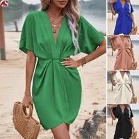 Independent Station Wish Foreign Trade Dress V-neck Elegant Irregular Sleeve Solid Color Flower Bag Dress main image 1