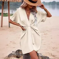 Independent Station Wish Foreign Trade Dress V-neck Elegant Irregular Sleeve Solid Color Flower Bag Dress main image 2