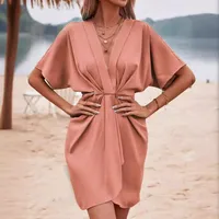 Independent Station Wish Foreign Trade Dress V-neck Elegant Irregular Sleeve Solid Color Flower Bag Dress sku image 7