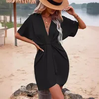 Independent Station Wish Foreign Trade Dress V-neck Elegant Irregular Sleeve Solid Color Flower Bag Dress main image 4
