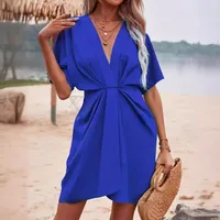 Independent Station Wish Foreign Trade Dress V-neck Elegant Irregular Sleeve Solid Color Flower Bag Dress main image 5