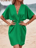 Independent Station Wish Foreign Trade Dress V-neck Elegant Irregular Sleeve Solid Color Flower Bag Dress sku image 4