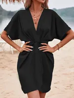 Independent Station Wish Foreign Trade Dress V-neck Elegant Irregular Sleeve Solid Color Flower Bag Dress sku image 15