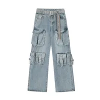 Jiayiku Fashion Brand Chic  Retro Multi-pocket Design Tooling Jeans Straight Loose Wide-leg Mop Pants main image 1