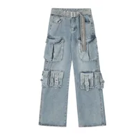 Jiayiku Fashion Brand Chic  Retro Multi-pocket Design Tooling Jeans Straight Loose Wide-leg Mop Pants sku image 1