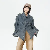 Jiayiku Fashion Brand Chic American Retro Heavy Washed Striped Stitching Lapel Denim Jacket New Workwear Coat main image 3