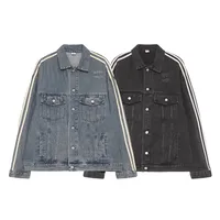 Jiayiku Fashion Brand Chic American Retro Heavy Washed Striped Stitching Lapel Denim Jacket New Workwear Coat main image 5