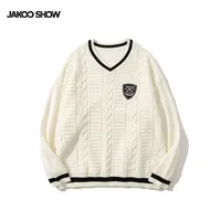 Jiayiku Fashion Brand Vintage Preppy Style V-neck Sweater Badge JK Uniform Twisted Flower Bottoming Long Sleeve Sweater main image 1