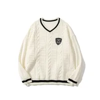 Jiayiku Fashion Brand Vintage Preppy Style V-neck Sweater Badge JK Uniform Twisted Flower Bottoming Long Sleeve Sweater sku image 1