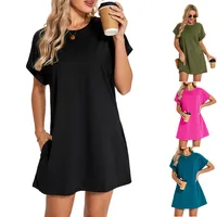 Real Shot  Europe And The United States  In Stock  Spring And Summer New Solid Color Round Neck Pocket Loose Short Sleeve Dress main image 1