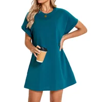 Real Shot  Europe And The United States  In Stock  Spring And Summer New Solid Color Round Neck Pocket Loose Short Sleeve Dress main image 3