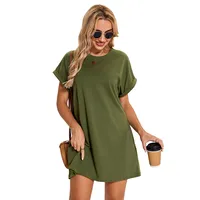 Real Shot  Europe And The United States  In Stock  Spring And Summer New Solid Color Round Neck Pocket Loose Short Sleeve Dress main image 4