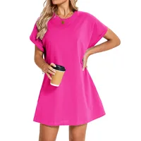 Real Shot  Europe And The United States  In Stock  Spring And Summer New Solid Color Round Neck Pocket Loose Short Sleeve Dress sku image 16