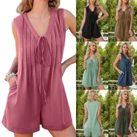 Spring And Summer    Foreign Trade Street Trenders Sleeveless Shorts V-Neck Tether Pleated Jetsuit Women's Top main image 1