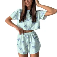 Women's Short-sleeved Shorts Jacquard Printed Summer Fashion Two-piece Pajamas Home Clothes Suit main image 5
