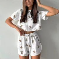 Women's Short-sleeved Shorts Jacquard Printed Summer Fashion Two-piece Pajamas Home Clothes Suit sku image 5