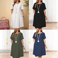 Spring And Summer Europe And The United States   Independent Station Retro Loose Pocket Solid Color Round Neck Women's Cotton And Linen Dress main image 1