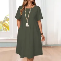 Spring And Summer Europe And The United States   Independent Station Retro Loose Pocket Solid Color Round Neck Women's Cotton And Linen Dress main image 2