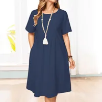 Spring And Summer Europe And The United States   Independent Station Retro Loose Pocket Solid Color Round Neck Women's Cotton And Linen Dress main image 3