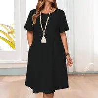 Spring And Summer Europe And The United States   Independent Station Retro Loose Pocket Solid Color Round Neck Women's Cotton And Linen Dress main image 4