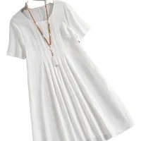 Spring And Summer Europe And The United States   Independent Station Retro Loose Pocket Solid Color Round Neck Women's Cotton And Linen Dress main image 5