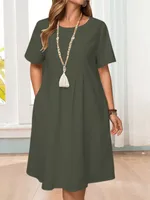Spring And Summer Europe And The United States   Independent Station Retro Loose Pocket Solid Color Round Neck Women's Cotton And Linen Dress sku image 13
