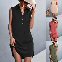 Summer  New  Designed Hot V-neck Button Sleeveless Vest Split Cotton Linen Dress main image 1