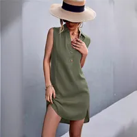 Summer  New  Designed Hot V-neck Button Sleeveless Vest Split Cotton Linen Dress main image 3